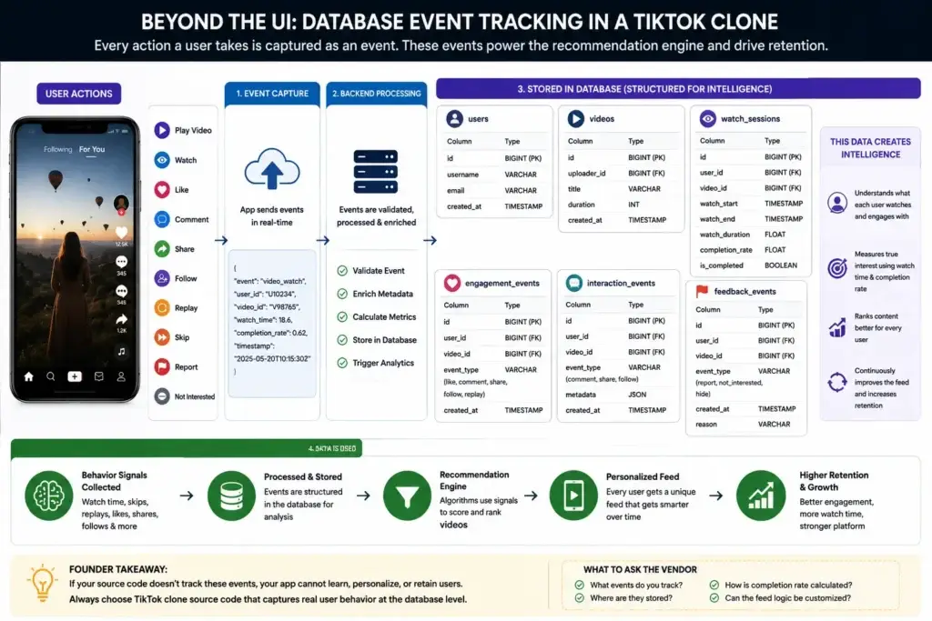 The โFake Algorithmโ Trap: What Cheap TikTok Clones Hide in Their Source Code 3 Database event tracking in TikTok clone source code
