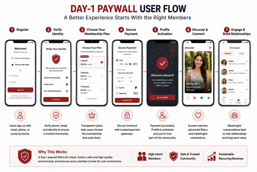 The Freemium Death Spiral: Why Your Dating Clone Needs a Day-1 Paywall 3 Day-1 paywall user flow for a dating app from registration and verification to payment, profile activation, matching, and messaging