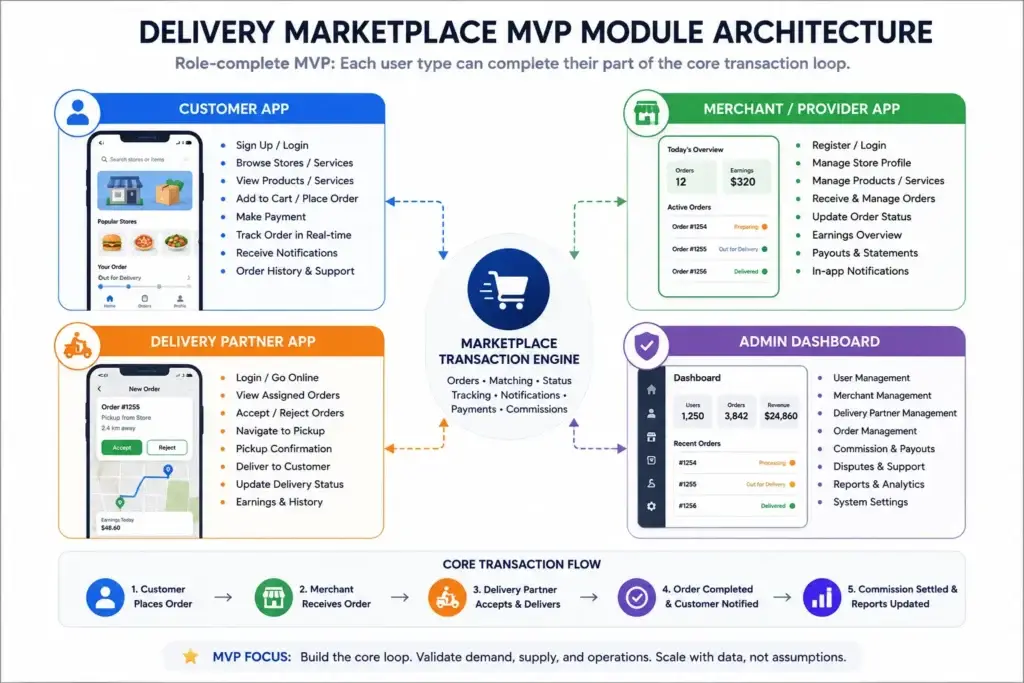 From Wireframe to App Store in 144 Hours: A Marketplace MVP Scope Breakdown 2 Delivery marketplace MVP module architecture with customer provider delivery partner and admin dashboard