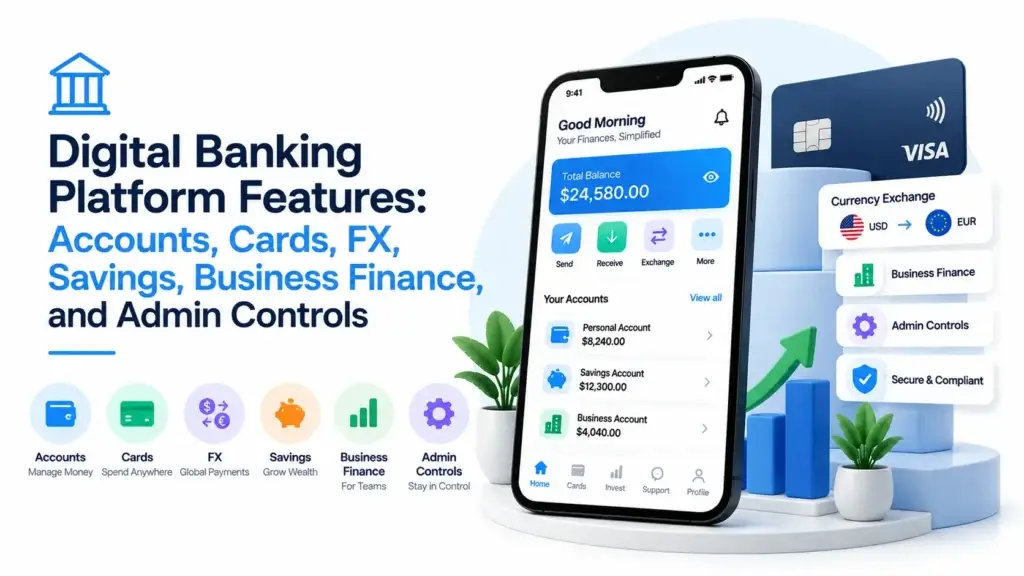 Digital banking platform features including accounts, cards, FX, savings, business finance, security, and admin controls.