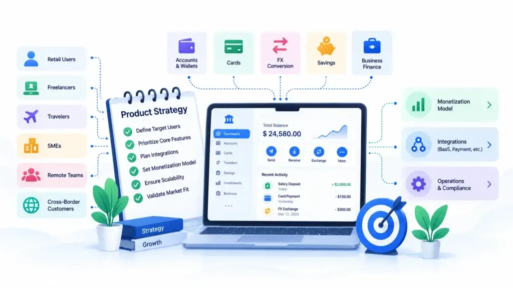 Digital Banking Platform Features: Accounts, Cards, FX, Savings, Business Finance, and Admin Controls 1 Digital banking product strategy showing target users, accounts, cards, FX conversion, savings, business finance, integrations, monetization, and compliance planning.