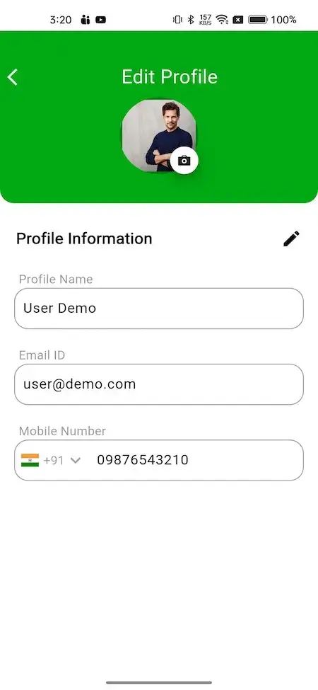 Gojek Clone 25 Profile edit screen with user's picture and details, including 'User Demo' name, 'user@demo.com' email, and a mobile number with a country code of +91