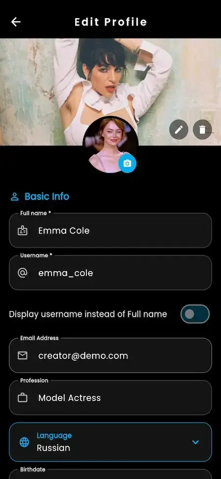 IsMyGirl Clone 19 OnlyFans clone creator profile management screen with profile editing, account settings, username, email, language selection, and creator profile customization