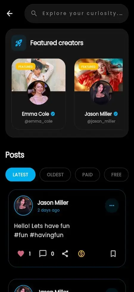 IsMyGirl Clone 23 OnlyFans clone content discovery screen with featured creators, premium posts, content filters, and creator feed