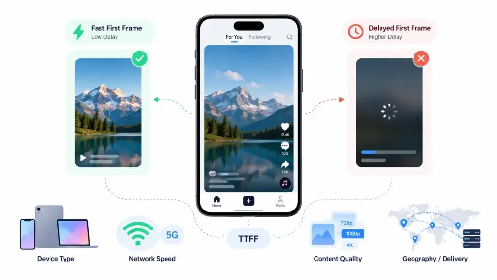 Short-Form Video Platform Performance: Why Time to First Frame Matters for Viewer Retention 1 Fast vs delayed Time to First Frame in a short-form video platform showing the impact of device type, network speed, content quality, and delivery location.