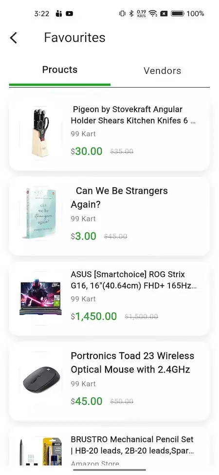 Gojek Clone 24 Shopping list of tech gadgets and a kitchen utensil, including an ASUS laptop and wireless optical mouse.