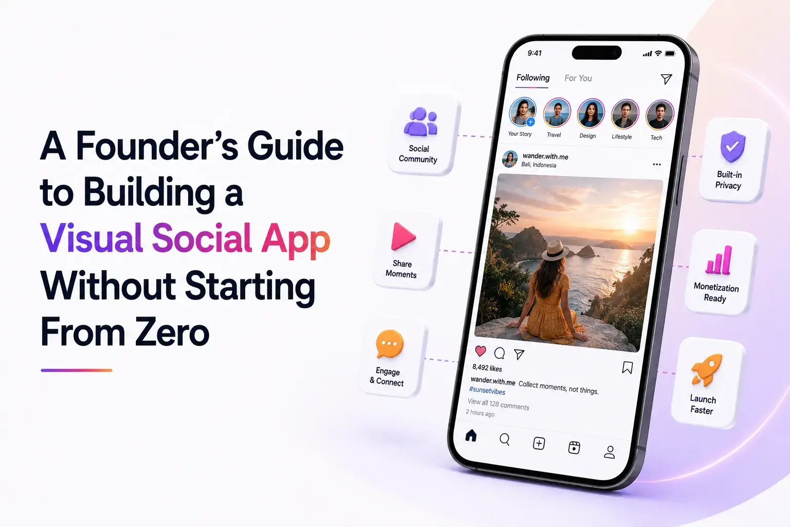 Founder’s guide to building a visual social app showing community features, content sharing, privacy, monetization, and faster launch