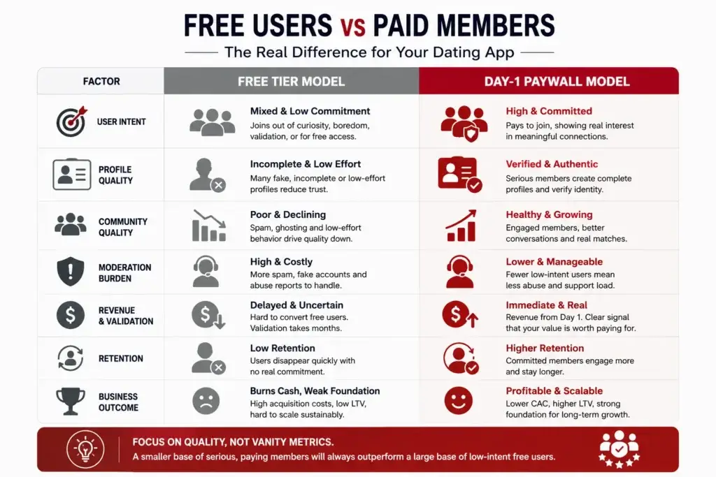 The Freemium Death Spiral: Why Your Dating Clone Needs a Day-1 Paywall 2 Comparison of free dating app users and paid members across intent, profile quality, retention, moderation burden, and revenue validation