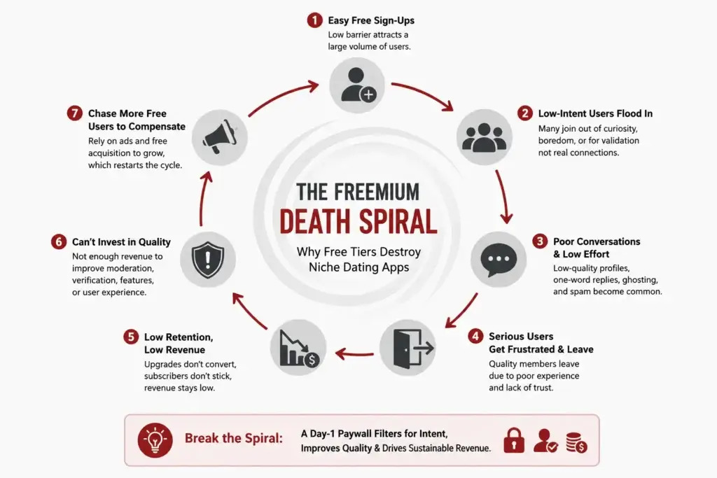 The Freemium Death Spiral: Why Your Dating Clone Needs a Day-1 Paywall 1 Freemium dating app death spiral showing free sign-ups leading to low-intent users, weak conversations, serious-user churn, and poor revenue