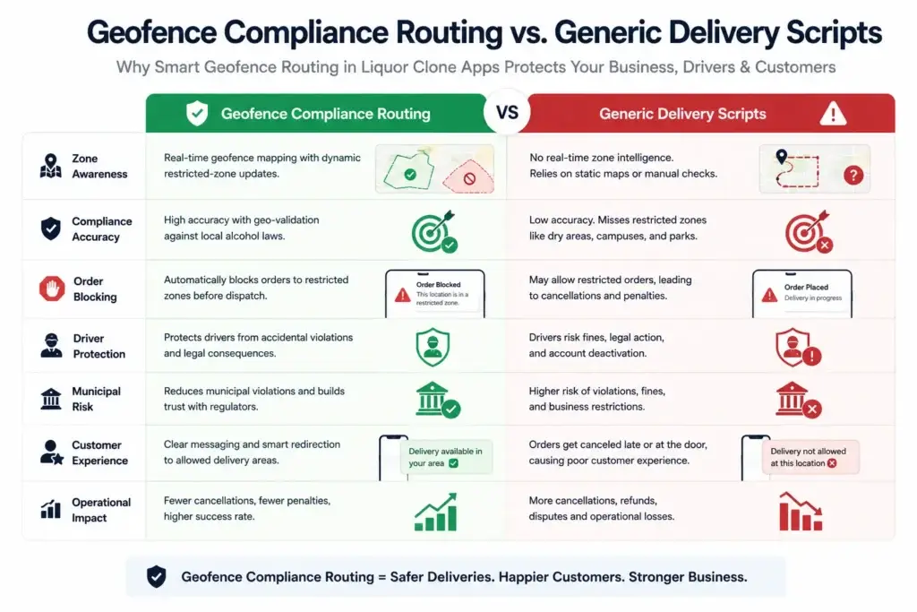 Geofence Compliance Routing in Liquor Clone Apps: How Restricted-Zone Blocking Protects Delivery Operations 3 Generic delivery script versus geofence compliance routing comparison for liquor clone apps