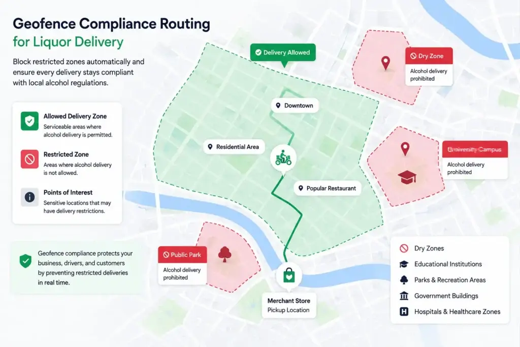 Geofence Compliance Routing in Liquor Clone Apps: How Restricted-Zone Blocking Protects Delivery Operations 1 Geofence compliance routing map showing restricted alcohol delivery zones