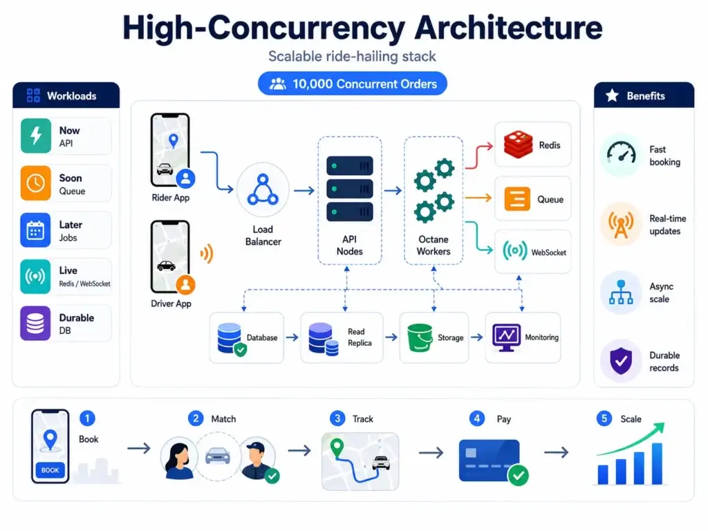 High-concurrency Uber clone architecture for 10,000 concurrent ride-hailing orders