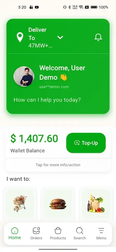 Gojek Clone 23 User demo screen displaying deliver options, welcome message, and demo details.