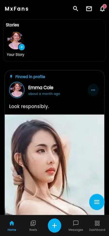 IsMyGirl Clone 25 OnlyFans clone social feed with creator stories, pinned posts, premium content feed, creator profiles, and fan engagement features