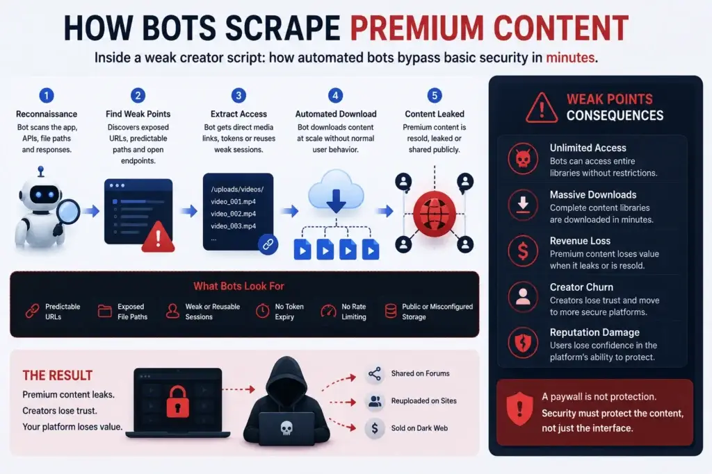The 24-Hour Leak: How Cheap Creator Scripts Get Premium Content Scraped 2 Infographic showing how bots scrape premium content through weak creator script security, exposed URLs, reusable sessions, automated downloads, and leaked media consequences.