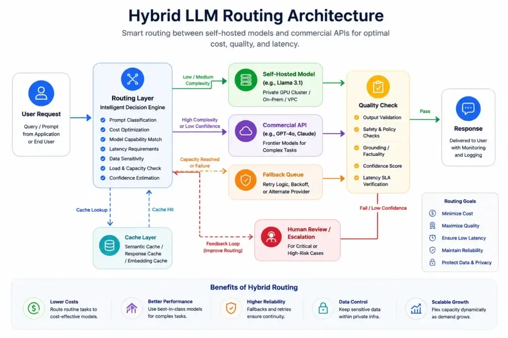Slashing AI Costs by 85%: Benchmarking Self-Hosted Models vs Commercial APIs 3 Hybrid LLM routing architecture using a self-hosted Llama model with commercial API fallback and quality checks