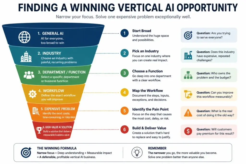 Stop Building Consumer AI: Why the Best Artificial Intelligence Apps Are โBoringโ B2B Tools 2 Hyper-vertical AI niche selection funnel from general AI market to one expensive enterprise workflow