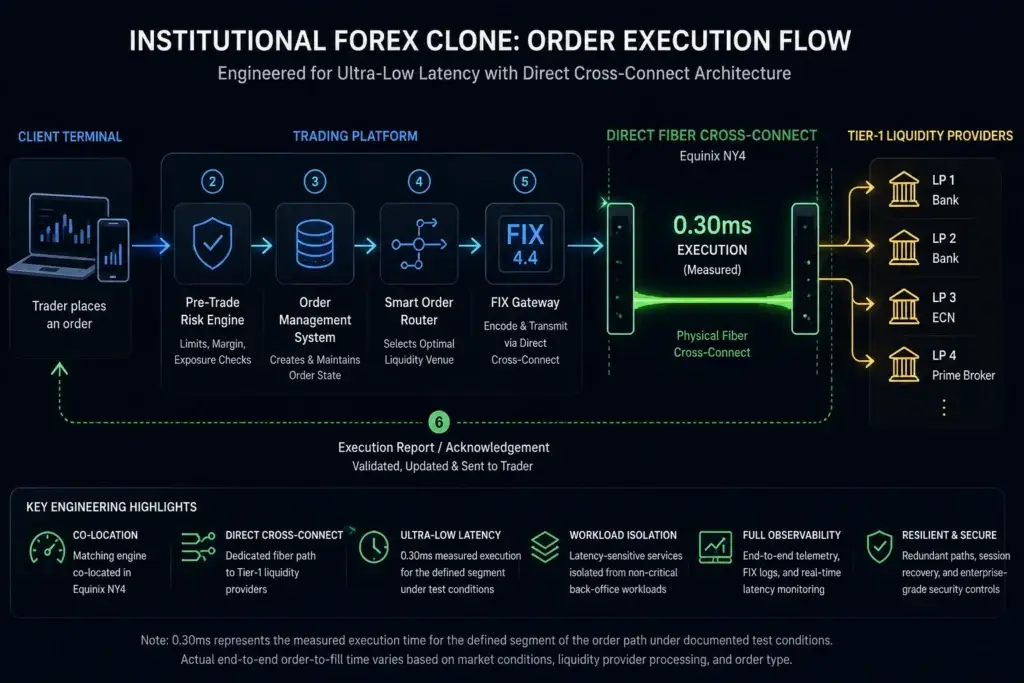 0.30ms Execution: Deploying an Institutional Forex Clone in Equinix NY4 1 Institutional forex routing infographic comparing public internet paths with direct Equinix NY4 fiber cross-connect, showing broker servers, FIX 4.4 gateway, pre-trade risk checks, Tier-1 liquidity providers, 0.30 ms execution, low jitter, and stable performance.