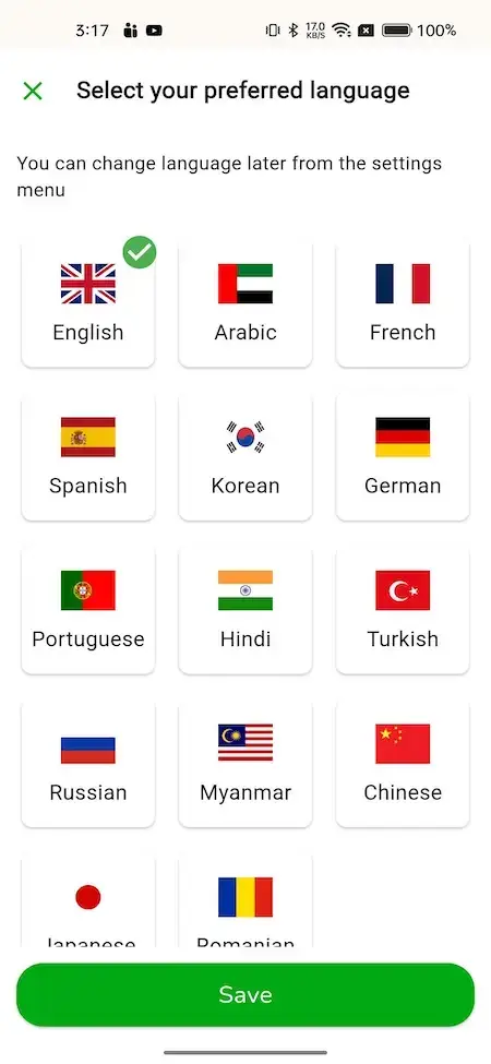 Gojek Clone 22 A screenshot of a language selection menu with various flags and text options.