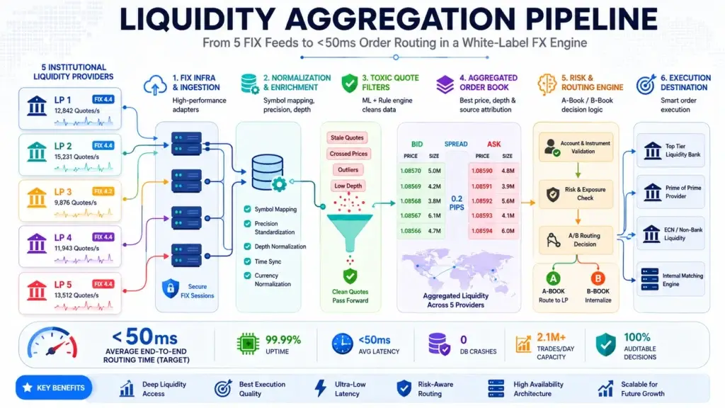 50ms Routing: Benchmarking Liquidity Aggregation in White-Label FX Engines 1 Illustrative 50ms latency budget for Forex order validation, risk checks, liquidity selection, audit logging, and execution dispatch
