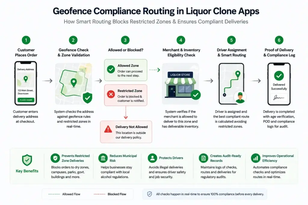 Geofence Compliance Routing in Liquor Clone Apps: How Restricted-Zone Blocking Protects Delivery Operations 2 Liquor clone app geofence compliance routing workflow from checkout to proof of delivery