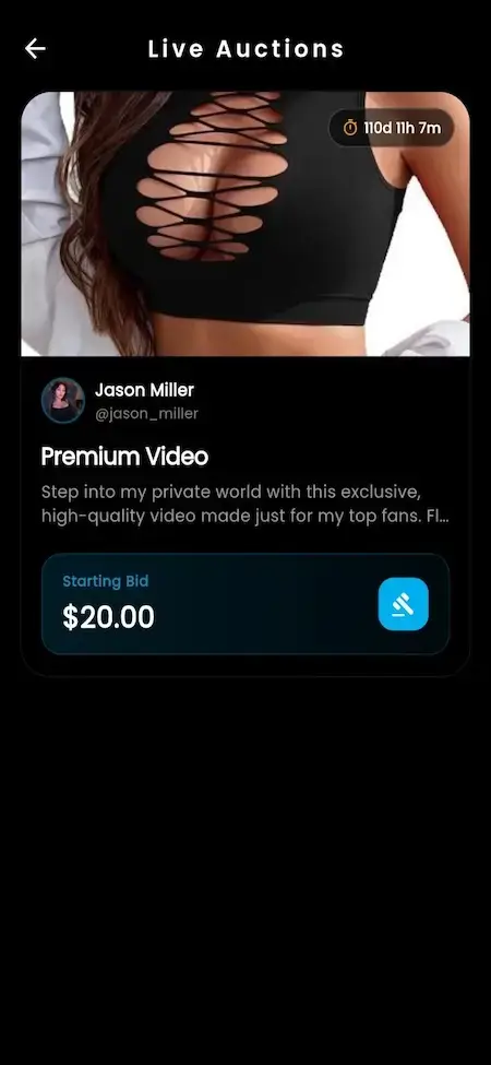 IsMyGirl Clone 21 OnlyFans clone live auctions feature with premium content bidding, creator auctions, exclusive video sales, and real-time bidding