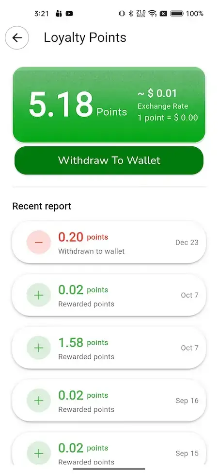 Gojek Clone 21 Loyalty points screen with 5.18 points and a withdrawal option.