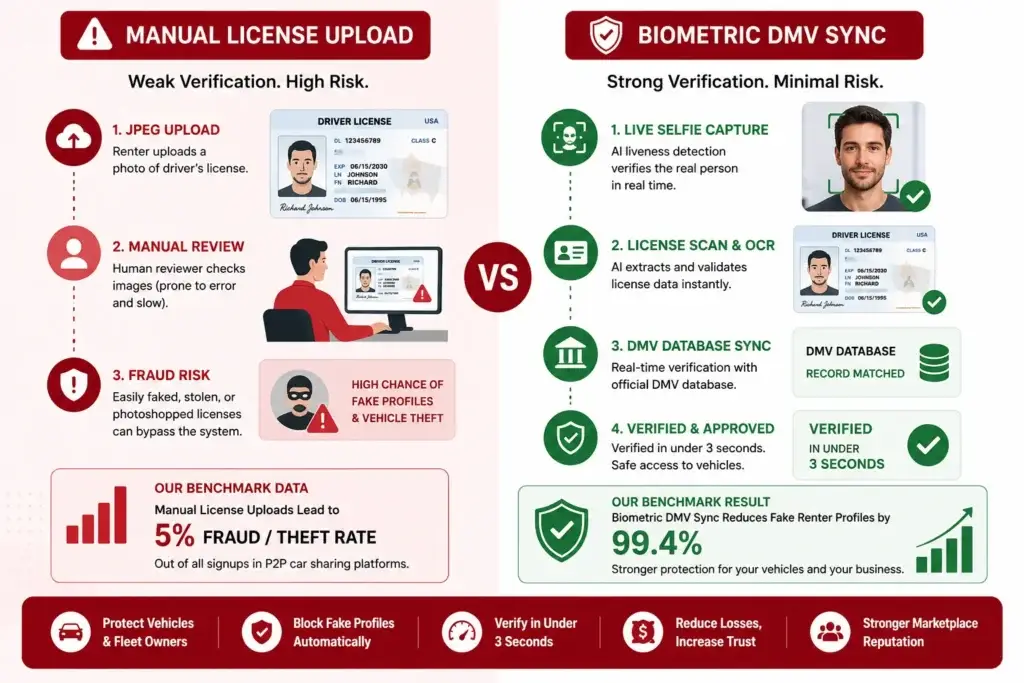 Eliminating Vehicle Theft Risk by 99.4%: Benchmarking Biometric KYC in P2P Car Sharing Clones 1 Manual license upload compared with biometric DMV sync for P2P car sharing app verification