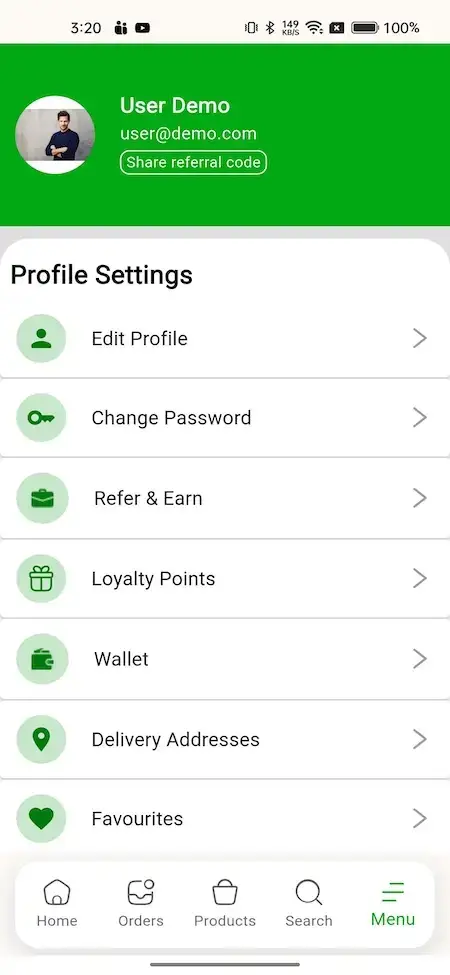 Gojek Clone 19 Profile page settings screen with options for account management