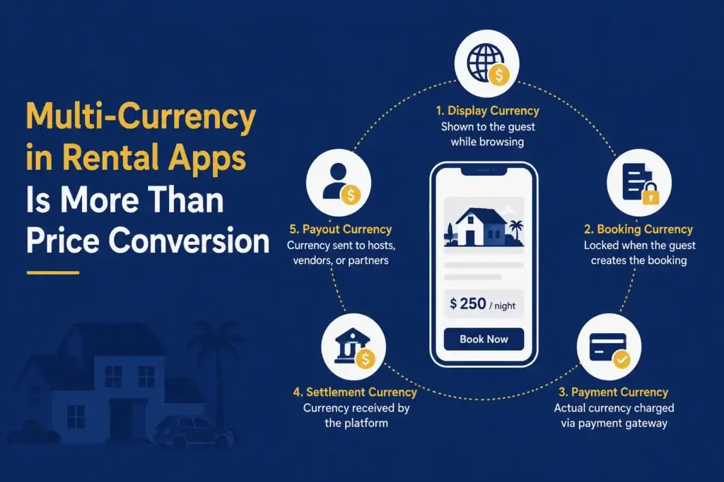 Implementing Multi-Currency and Regional Taxes in Rental Apps 1 Vector illustration showing multi-currency flow in a rental app with a mobile booking screen and currency stages around it.