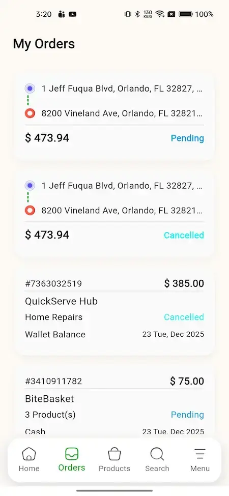 Gojek Clone 20 A screenshot of an app showing orders, with a list of pending and cancelled orders.