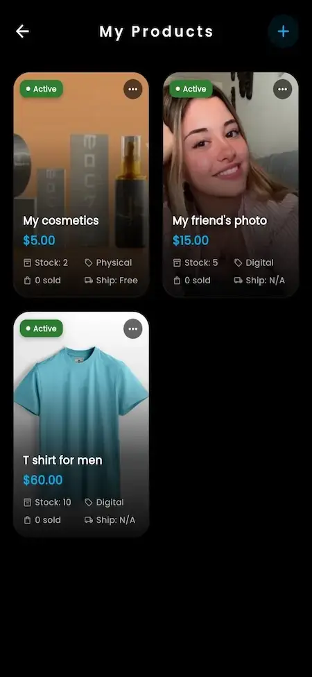 IsMyGirl Clone 16 OnlyFans clone creator product management dashboard displaying physical products, digital products, merchandise listings, pricing, inventory management, and creator shop