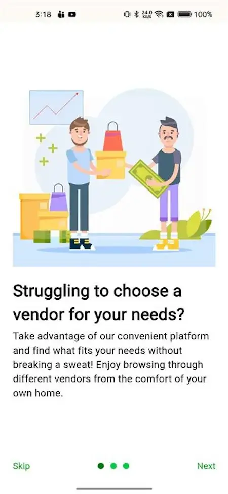 Gojek Clone 18 A cartoon illustration of two men exchanging items, with the title "Struggling to choose a vendor for your needs?" and a description of the platform's benefits.