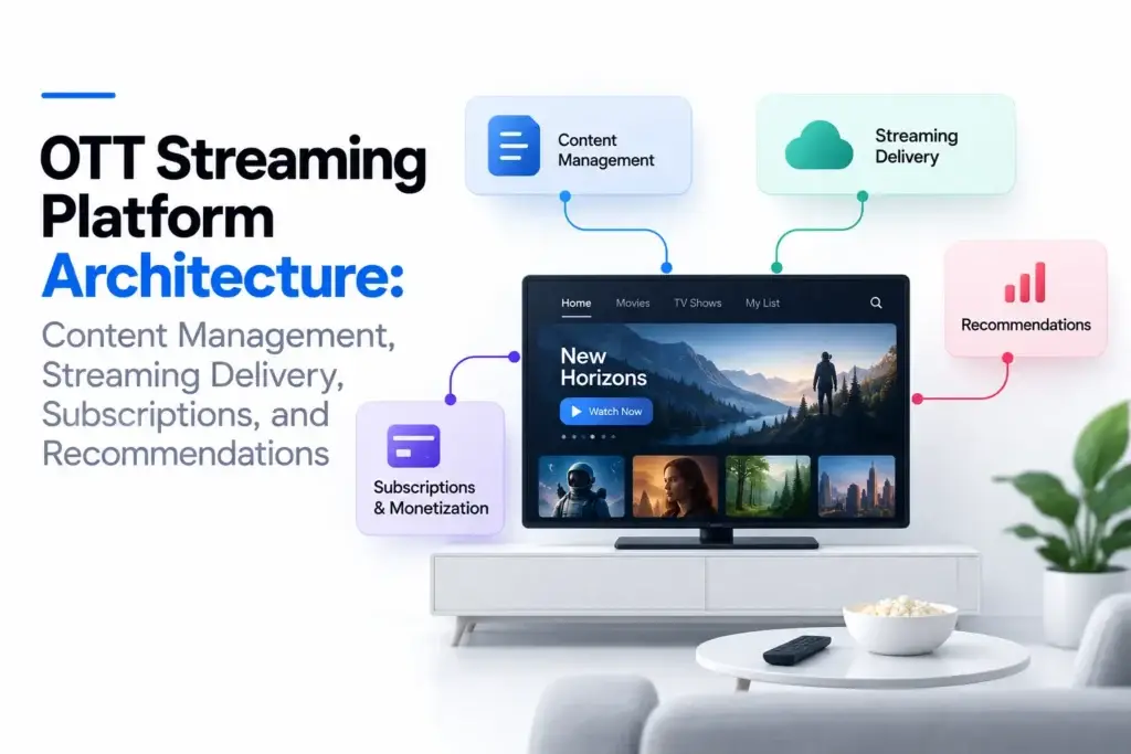 OTT streaming platform architecture showing content management, streaming delivery, subscriptions, monetization, and recommendations.