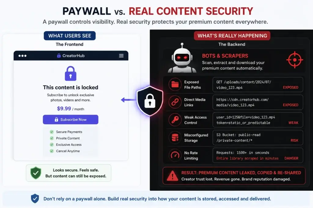 The 24-Hour Leak: How Cheap Creator Scripts Get Premium Content Scraped 1 Infographic comparing paywalls with real content security, showing how exposed file paths, direct media links, weak access controls, misconfigured storage, and no rate limiting can lead to premium content leaks.