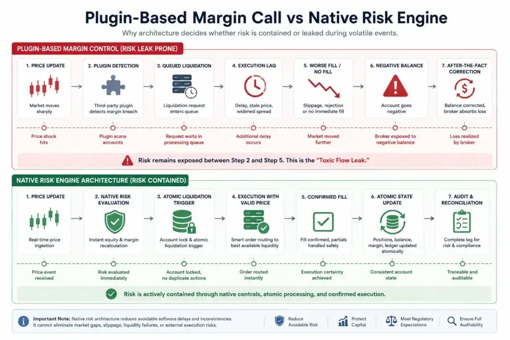 The Negative Balance Trap: Why Cheap Forex Script Can Bankrupt Brokers During News Events 1 Plugin-based margin call versus native risk engine infographic showing price updates, delayed plugin detection, queued liquidation, execution lag, negative balances, atomic risk evaluation, smart order routing, confirmed fills, audit logs, and risk containment.