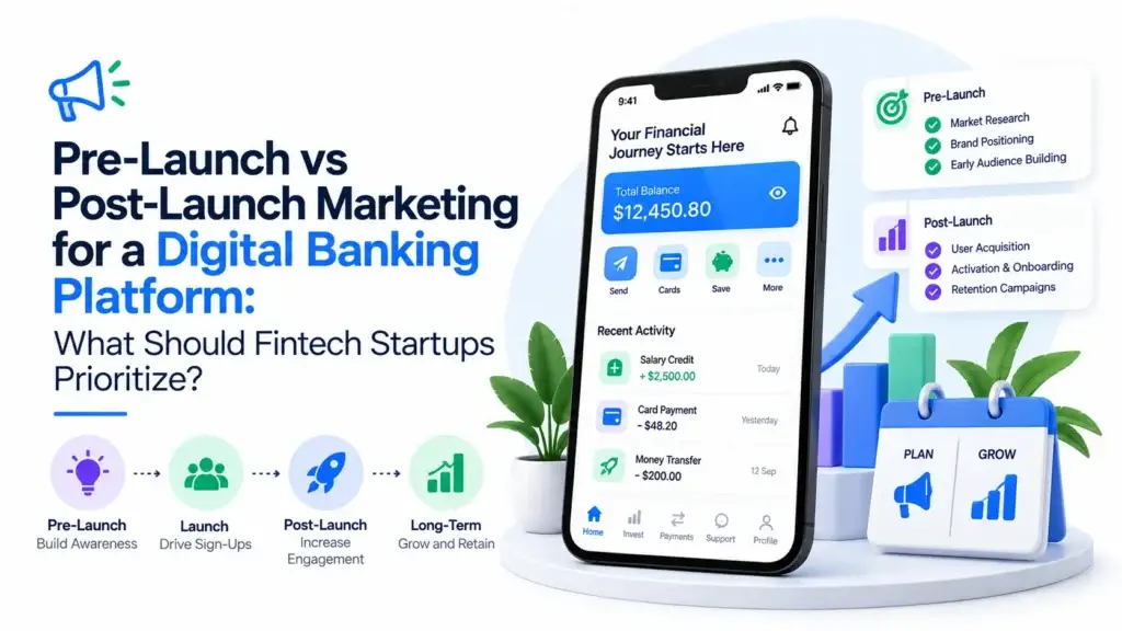 Pre-launch vs post-launch marketing for a digital banking platform showing awareness, user acquisition, activation, retention, and long-term growth strategies.