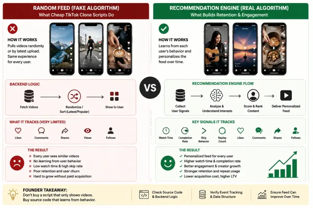The โFake Algorithmโ Trap: What Cheap TikTok Clones Hide in Their Source Code 1 Random feed vs recommendation engine in TikTok clone source code
