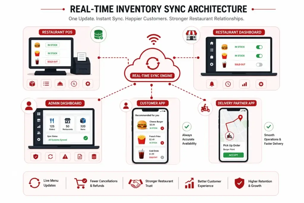 The Out-of-Stock Trap: Why Cheap Delivery Scripts Ruin Restaurant Relationships 2 Real-time inventory sync architecture for food delivery platform connecting POS, restaurant dashboard, admin panel, and customer app