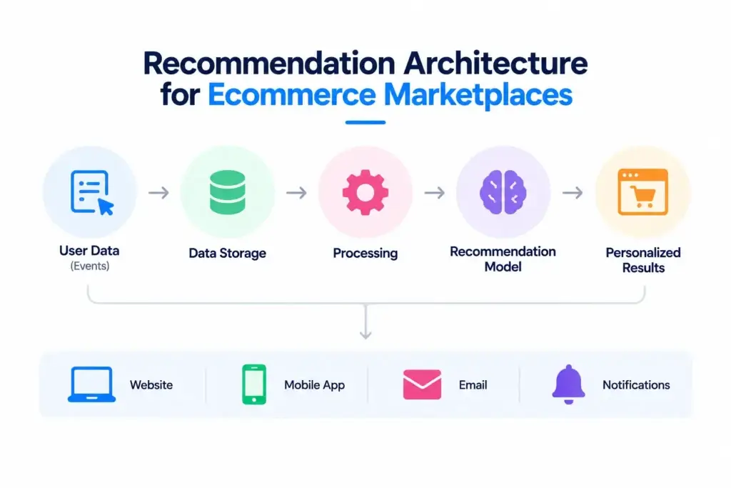 Collaborative Filtering in a Multi-Vendor Ecommerce Marketplace: Improving Product Discovery Through User Behavior 1 Recommendation architecture for Collaborative Filtering for Ecommerce Marketplaces showing user data, processing, recommendation models, and personalized results