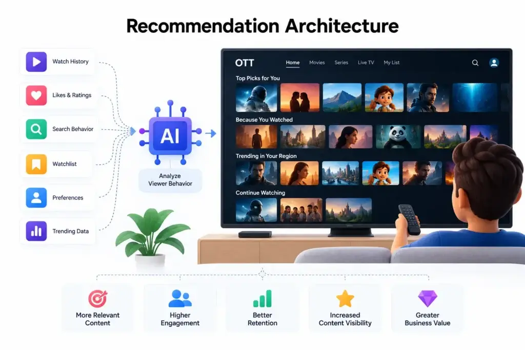 OTT Streaming Platform Architecture: Content Management, Streaming Delivery, Subscriptions, and Recommendations 2 OTT recommendation architecture showing AI-driven personalization using watch history, ratings, search behavior, watchlists, preferences, and trending data.