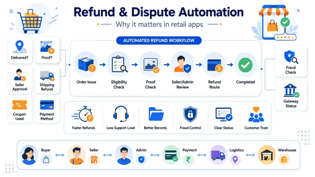 Building an Automated Refund and Dispute Resolution System in Retail Apps 1 Automated refund and dispute resolution workflow for retail marketplace apps showing refund approval, partial refund processing, manual review, risk detection, and auto-resolution features.