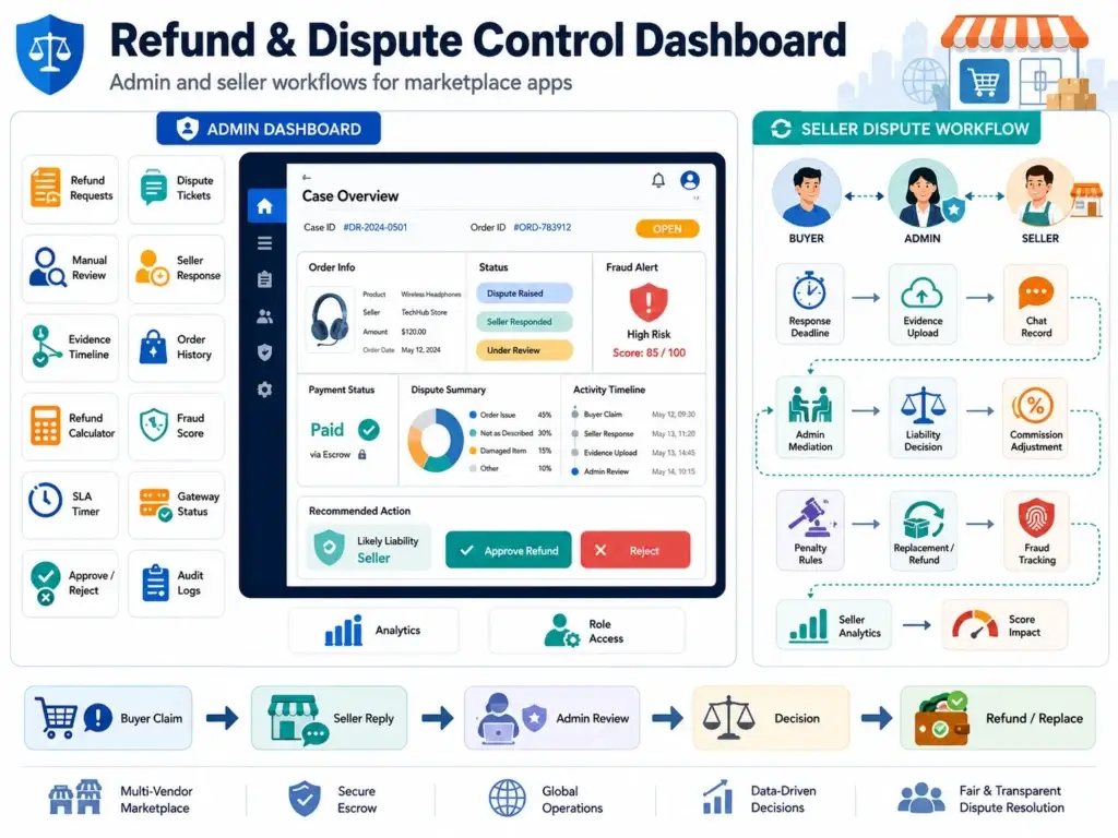 Building an Automated Refund and Dispute Resolution System in Retail Apps 2 Marketplace refund and dispute control dashboard showing admin review workflows, seller dispute management, fraud scoring, refund approvals, evidence tracking, and dispute resolution processes.