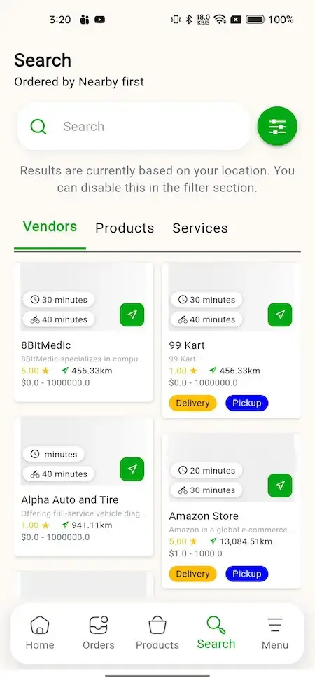 Gojek Clone 17 A screenshot of a mobile app's search results page, displaying various vendors and their products.