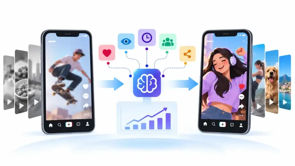 Real vs Superficial Feed Personalization: What Makes a Short-Form Video Recommendation System Actually Work? 1 Short-form video AI recommendation loop showing watch, like, swipe, save, share, and skip signals leading to repeated content, filter bubbles, feed fatigue, and fresh discovery.