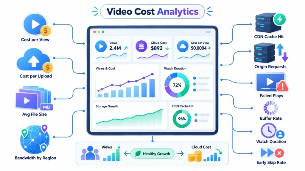 Video Hosting Architecture for a Short-Form Video Platform: Balancing Performance and Cost 2 Video cost analytics dashboard tracking cost per view, cost per upload, file size, bandwidth, CDN cache hit rate, origin requests, failed plays, buffering, watch duration, and early skips.