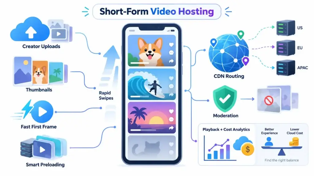 Video Hosting Architecture for a Short-Form Video Platform: Balancing Performance and Cost 1 Short-form video hosting system showing creator uploads, thumbnails, fast first frame, smart preloading, CDN routing, moderation, regional servers, playback analytics, and cloud cost optimization.