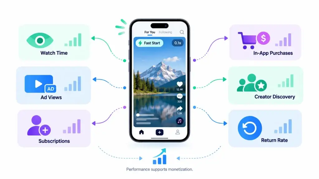 Short-Form Video Platform Performance: Why Time to First Frame Matters for Viewer Retention 2 Short-form video performance supporting monetization through higher watch time, ad views, subscriptions, in-app purchases, creator discovery, and user return rate.