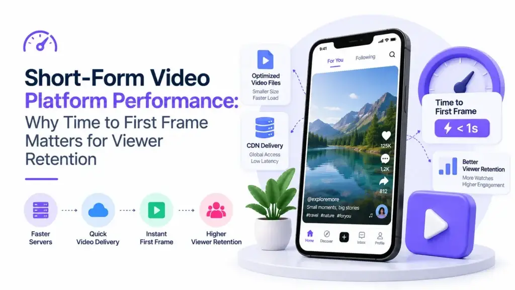 Short-form video platform performance showing optimized video files, CDN delivery, faster servers, instant first frame, and improved viewer retention.