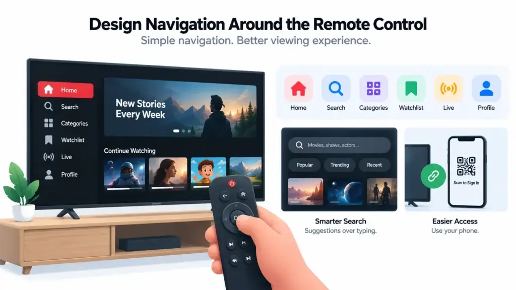 OTT Streaming Platform for Smart TVs: Designing One Viewing Experience Across Mobile, Web, and TV 1 Smart TV OTT platform navigation designed around remote control with simple menus, search, watchlist, live, and profile options